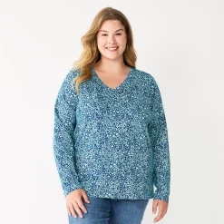Plus Size Sonoma Goods For Life® Favorite Long Sleeve V-Neck Tee -StyleUp Sales Store 5705505 Blue Floral