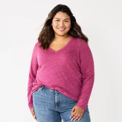 Plus Size Sonoma Goods For Life® Favorite Long Sleeve V-Neck Tee -StyleUp Sales Store 5705505 Dark Pink
