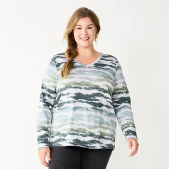 Plus Size Sonoma Goods For Life® Favorite Long Sleeve V-Neck Tee -StyleUp Sales Store 5705505 Gray Animal Print