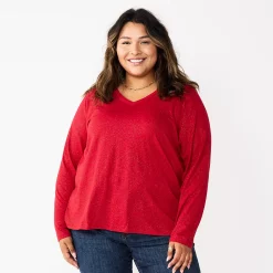 Plus Size Sonoma Goods For Life® Favorite Long Sleeve V-Neck Tee -StyleUp Sales Store 5705505 Inviting Red