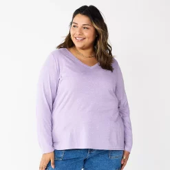 Plus Size Sonoma Goods For Life® Favorite Long Sleeve V-Neck Tee -StyleUp Sales Store 5705505 Light Purple Texture
