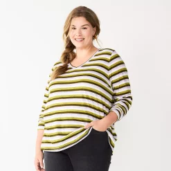 Plus Size Sonoma Goods For Life® Favorite Long Sleeve V-Neck Tee -StyleUp Sales Store 5705505 Olive Stripe