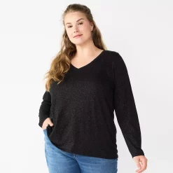 Plus Size Sonoma Goods For Life® Favorite Long Sleeve V-Neck Tee -StyleUp Sales Store 5705505 Pitch Black