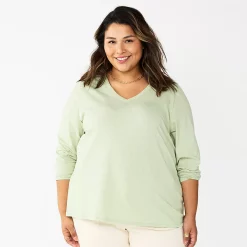 Plus Size Sonoma Goods For Life® Favorite Long Sleeve V-Neck Tee -StyleUp Sales Store 5705505 Sage Green