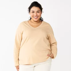 Plus Size Sonoma Goods For Life® Favorite Long Sleeve V-Neck Tee -StyleUp Sales Store 5705505 Tan