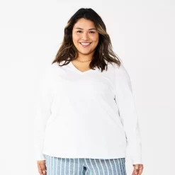 Plus Size Sonoma Goods For Life® Favorite Long Sleeve V-Neck Tee -StyleUp Sales Store 5705505 White