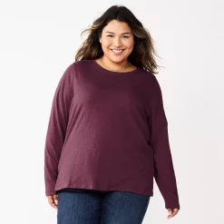 Plus Size Sonoma Goods For Life® Everyday Crewneck Long Sleeve Top -StyleUp Sales Store 5714078 Berry