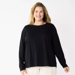 Plus Size Sonoma Goods For Life® Everyday Crewneck Long Sleeve Top -StyleUp Sales Store 5714078 Black
