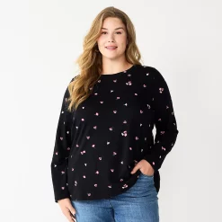 Plus Size Sonoma Goods For Life® Everyday Crewneck Long Sleeve Top -StyleUp Sales Store 5714078 Black Floral