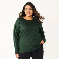 Plus Size Sonoma Goods For Life® Everyday Crewneck Long Sleeve Top -StyleUp Sales Store 5714078 Dark Green Shine