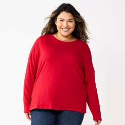 Plus Size Sonoma Goods For Life® Everyday Crewneck Long Sleeve Top -StyleUp Sales Store 5714078 Inviting Red