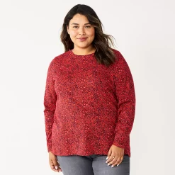 Plus Size Sonoma Goods For Life® Everyday Crewneck Long Sleeve Top -StyleUp Sales Store 5714078 Red Floral