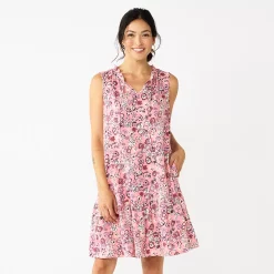 Petite Sonoma Goods For Life® Tiered Sleeveless Dress -StyleUp Sales Store 5746247 Pink Floral