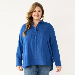 Plus Size Sonoma Goods For Life® Relaxed Button Down Shirt -StyleUp Sales Store 5761363 Blue