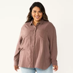 Plus Size Sonoma Goods For Life® Relaxed Button Down Shirt -StyleUp Sales Store 5761363 Brown