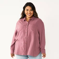 Plus Size Sonoma Goods For Life® Relaxed Button Down Shirt -StyleUp Sales Store 5761363 Plum