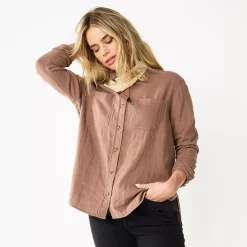 Women's Sonoma Goods For Life® Relaxed Button Down Shirt -StyleUp Sales Store 5763233 Brown Gauze