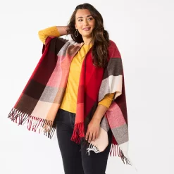 Women's Sonoma Goods For Life® Spokane Plaid Topper With Fringe -StyleUp Sales Store 5796222 Red