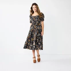 Women's Sonoma Goods For Life® Smocked Tiered Midi Dress -StyleUp Sales Store 5804206 Black Floral