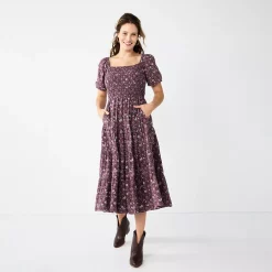 Women's Sonoma Goods For Life® Smocked Tiered Midi Dress -StyleUp Sales Store 5804206 Plum Floral