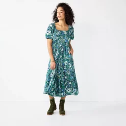 Women's Sonoma Goods For Life® Smocked Tiered Midi Dress -StyleUp Sales Store 5804206 Teal Floral