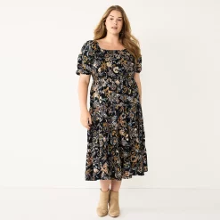 Plus Size Sonoma Goods For Life® Smocked Tiered Midi Dress -StyleUp Sales Store 5805883 Black Floral