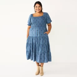 Plus Size Sonoma Goods For Life® Smocked Tiered Midi Dress -StyleUp Sales Store 5805883 Slate Blue Floral