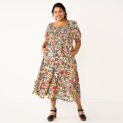 Plus Size Sonoma Goods For Life® Smocked Tiered Midi Dress -StyleUp Sales Store 5805883 Tan Floral