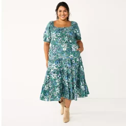 Plus Size Sonoma Goods For Life® Smocked Tiered Midi Dress -StyleUp Sales Store 5805883 Teal Floral
