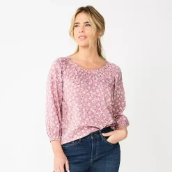 Women's Sonoma Goods For Life® Three-Quarter Sleeve Top -StyleUp Sales Store 5806184 Purple Small Floral