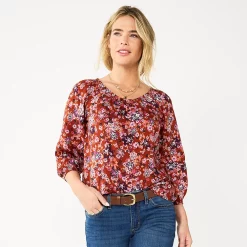Women's Sonoma Goods For Life® Three-Quarter Sleeve Top -StyleUp Sales Store 5806184 Red Multi Floral