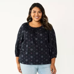 Plus Size Sonoma Goods For Life® Three Quarter Sleeve Top -StyleUp Sales Store 5806763 Black Floral