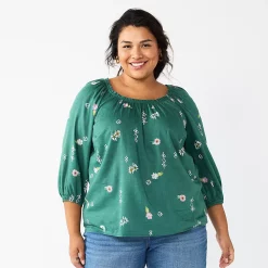 Plus Size Sonoma Goods For Life® Three Quarter Sleeve Top -StyleUp Sales Store 5806763 Green Geo Floral