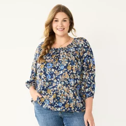 Plus Size Sonoma Goods For Life® Three Quarter Sleeve Top -StyleUp Sales Store 5806763 Navy Multi Floral