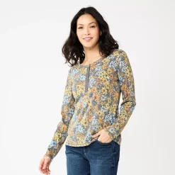 Women's Sonoma Goods For Life® Essential Henley Top -StyleUp Sales Store 5816147 Gray Floral