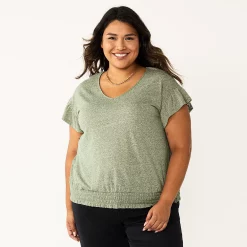 Plus Size Sonoma Goods For Life® Banded Bottom Ruffle Sleeve Top -StyleUp Sales Store 5819597 Olive