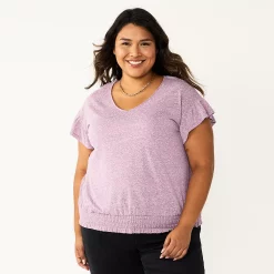 Plus Size Sonoma Goods For Life® Banded Bottom Ruffle Sleeve Top -StyleUp Sales Store 5819597 Plum