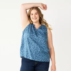 Plus Size Sonoma Goods For Life® Y-Neck Ruffle Tank -StyleUp Sales Store 5831170 Blue Dot Floral