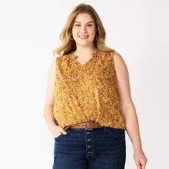 Plus Size Sonoma Goods For Life® Y-Neck Ruffle Tank -StyleUp Sales Store 5831170 Gold Multi Ditsy