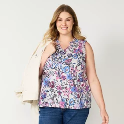 Plus Size Sonoma Goods For Life® Y-Neck Ruffle Tank -StyleUp Sales Store 5831170 Gray Purple Floral