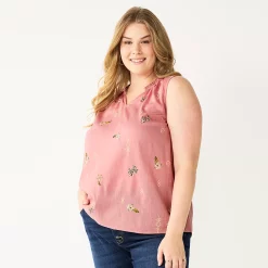 Plus Size Sonoma Goods For Life® Y-Neck Ruffle Tank -StyleUp Sales Store 5831170 Pink Mauve Geo Floral