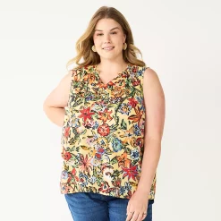 Plus Size Sonoma Goods For Life® Y-Neck Ruffle Tank -StyleUp Sales Store 5831170 Tan Pink Floral