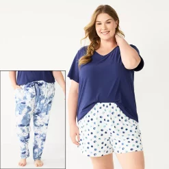 Plus Size Sonoma Goods For Life® 3-piece Pajama Top, Pajama Shorts & Pajama Pants Sleep Set -StyleUp Sales Store 5879135 Blue Cloudy Dye