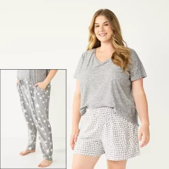 Plus Size Sonoma Goods For Life® 3-piece Pajama Top, Pajama Shorts & Pajama Pants Sleep Set -StyleUp Sales Store 5879135 Gray Ditsy Stars