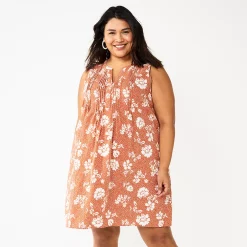 Plus Size Sonoma Goods For Life® Sleeveless Pintuck Tank Dress -StyleUp Sales Store 5905628 Brown Floral