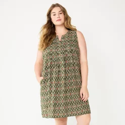Plus Size Sonoma Goods For Life® Sleeveless Pintuck Tank Dress -StyleUp Sales Store 5905628 Olive Geo