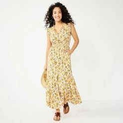 Women's Sonoma Goods For Life® Ruffle Sleeve Smocked Maxi Dress -StyleUp Sales Store 5921689 Orange Floral