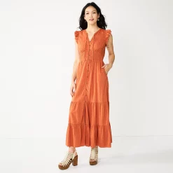 Women's Sonoma Goods For Life® Ruffle Sleeve Smocked Maxi Dress -StyleUp Sales Store 5921689 Rust