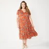 Plus Size Sonoma Goods For Life® Button Front Tiered Midi Dress -StyleUp Sales Store 5927443 Rust Floral