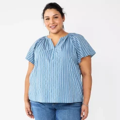 Plus Size Sonoma Goods For Life® Flutter Sleeve Y-Neck Top -StyleUp Sales Store 5929300 Blue Stripe